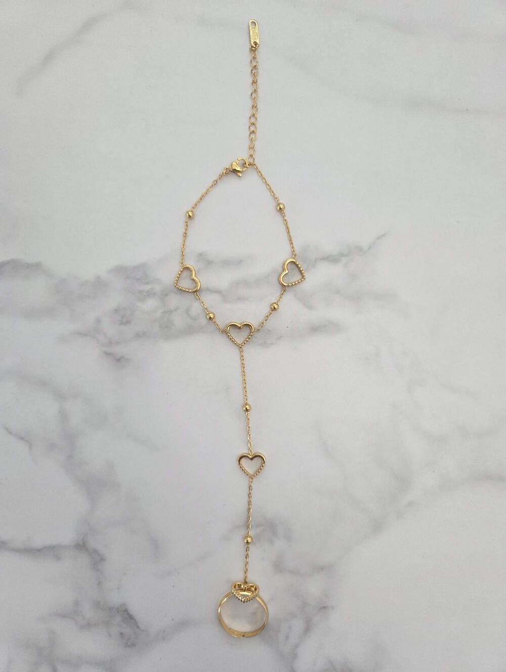 Gold Heart Hand Chain Bracelet Ring Combo Stainless Steel - Picture 5 of 13